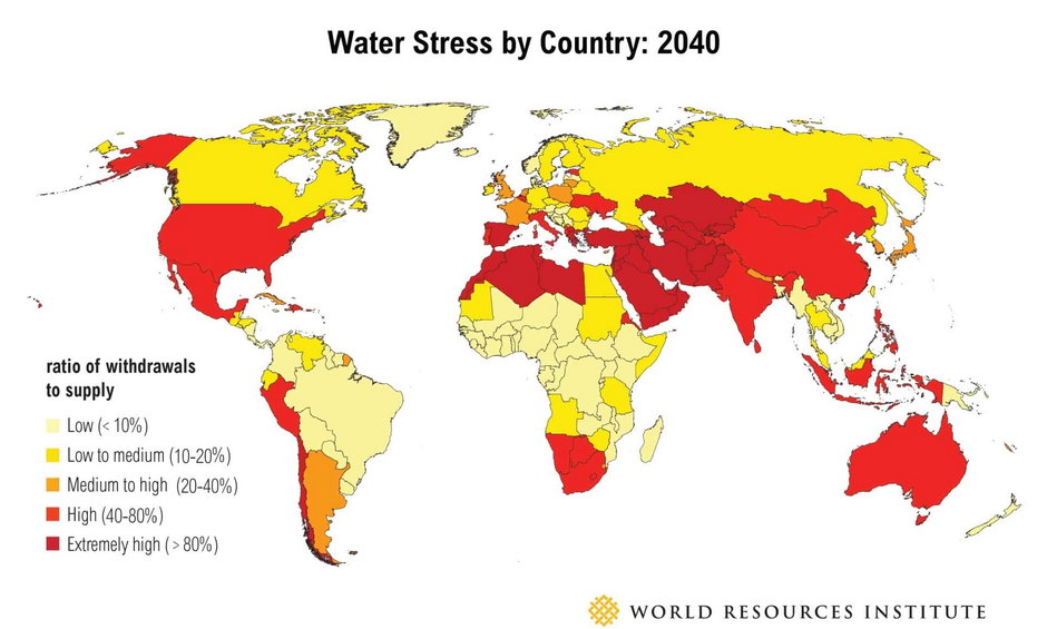 Przewidywany na rok 2040 stopień stresu wodnego w pięciostopniowej skali procentowej dla poszczególnych krajów. Odcień krwistej czerwieni to państwa, gdzie sytuacja będzie najgorsza.