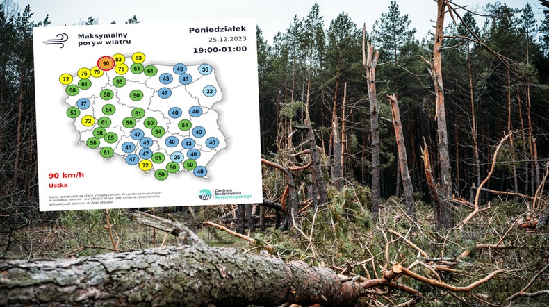 Silny wiatr w Polsce nie daje za wygraną (screen: IMGW)