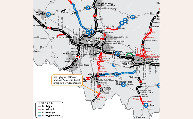 Mapa prezentująca tunel na drodze ekspresowej S1 Przybędza – Milówka
