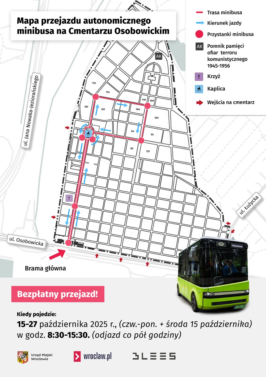 Mapa z trasą kursowania minibusa po cmenatrzu