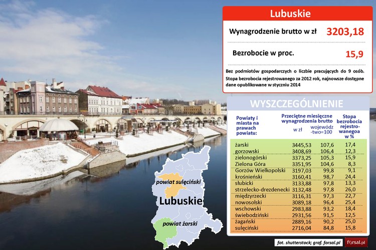Woj. lubuskie miało najmniejszy udział w tworzeniu PKB w 2012 r. Dochód regionu stanowił jedynie 2,2 proc. PKB kraju. Dla porównania, w przypadku woj. mazowieckiego było to 22,7 proc. Przeciętne wynagrodzenie w 2012 roku w lubuskim wynosiło 3203 zł brutto. Warto zaznaczyć, że dla wszystkich lubuskich powiatów średnia wartość wynagrodzenia jest znacznie niższa niż standardy dla całego kraju. Bezrobocie na tym obszarze stale utrzymuje się na poziomie powyżej 15 proc. W 2012 roku 4,9 proc. mieszkańców w gospodarstwach domowych woj. lubuskiego miało wydatki poniżej granicy ubóstwa skrajnego (tzn. znajdowało się poniżej minimum egzystencji).