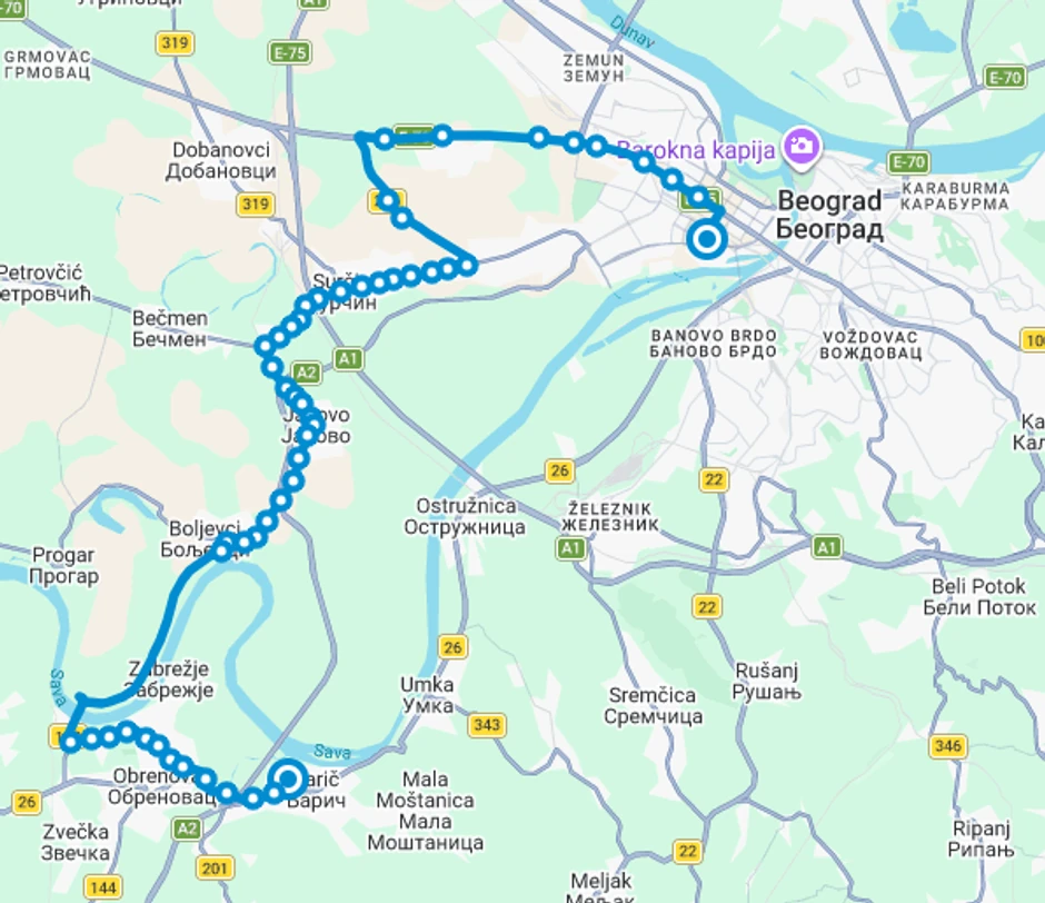 Trasa linije 860I u smeru ka aerodromu Nikola Tesla