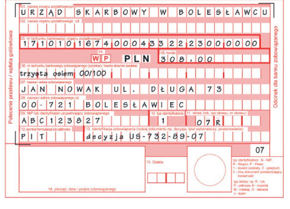 Przykład wypełnienia formularza wpłaty gotówkowej na konto urzędu skarbowego