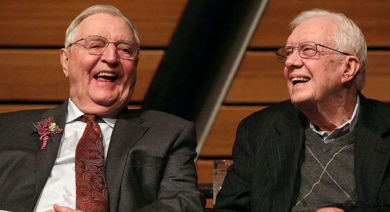 Walter Mondale, Former Vice President of the United States, sat on stage with former President Jimmy Carter during a celebration of Mondale's 90th birthday Saturday, Jan. 13, 2018 at the McNamara Alumni Center on the University of Minnesota's campus in Minneapolis.
