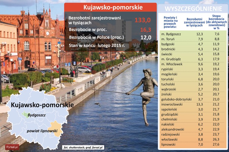Bydgoszcz i Toruń to miasta z najniższym poziomem bezrobocia w województwie kujawsko-pomorskim. Stopa bezrobocia wynosi tu, odpowiednio, 7,6 proc. i 8,8 proc. To właśnie w Bydgoszczy siedzibę ma Pesa, producent taboru kolejowego, który zatrudnia ok. 3 tys. osób. Swoje oddziały mają tu też firmy z branży elektronicznej i IT – m.in. Atos czy Alcatel-Lucent. W Toruniu zainwestowali m.in. Nestle, ThyssenKrupp i Frauenthal Automotive, a także rodzime Toruńskie Zakłady Materiałów Opatrunkowych i Krajowa Spółka Cukrowa.
Choć stopa bezrobocia w całym województwie kujawsko-pomorskim spadła w porównaniu z ubiegłym rokiem (w lutym 2014 r. wynosiła 18,8 proc. wobec 16,3 proc. obecnie), sytuacja na tutejszym rynku pracy wciąż pozostawia wiele do życzenia. W zdecydowanej większości powiatów w regionie wskaźnik bezrobocia przekracza 20 proc. <br>Najtrudniej pracę znaleźć w powiecie włocławskim (26,3 proc. bezrobocia) oraz lipnowskim (27,6 proc.). Na aktywizację bezrobotnych w  Kujawsko-Pomorskiem w 2015 roku przeznaczono ponad 276 mln zł.