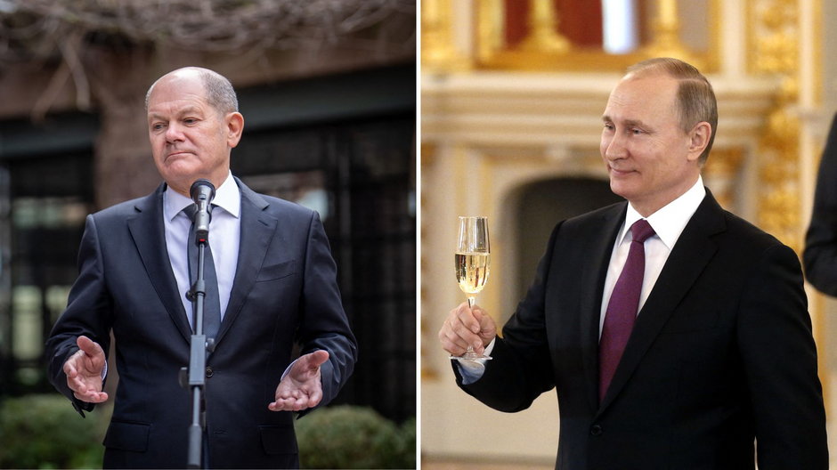 Po lewej: kanclerz Niemiec Olaf Scholz, po prawej: prezydent Rosji Władimir Putin