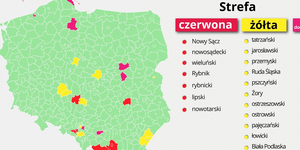 Na czerwoną albo żółtą listę trafiają te powiaty, gdzie przeprowadzanych jest najwięcej testów (m.in. na Śląsku właśnie, gdzie mieszczą się kopalnie).