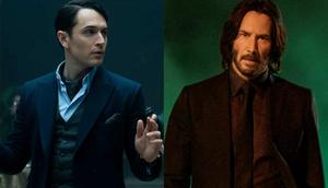 Colin Woodell as Winston Scott in The Continental and Keanu Reeves in John Wick: Chapter 4.Peacock/Lionsgate