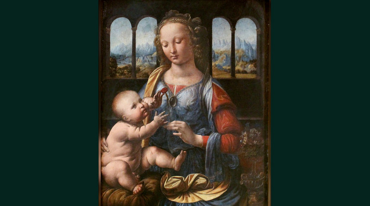Leonardo da Vinci: A szegfűs Madonna. Az anya és gyermeke arcán rácosodást fedeztek fel, amely az alkalmazott festési technika következménye. A kutatók nem pusztán a régi mesterek által használt anyagok azonosítására törekedtek, hanem annak magyarázatát keresték, hogy akkoriban miként tudtak rendkívüli látványt és csillogó hatást létrehozni a kevés rendelkezésre álló természetes anyag alkalmazásával. Olyan régi receptek titkait próbálják felfedezni, amelyekről kevés vagy semmi sincs leírva. / Fotó: Wikimedia Commons
