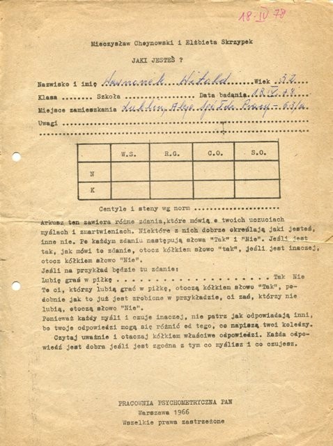 Pierwsza z trzech stron formularza testu psychologicznego "Jaki jesteś?" wypełnionego 18 kwietnia 1978 roku przed Witolda Wawrzonka 