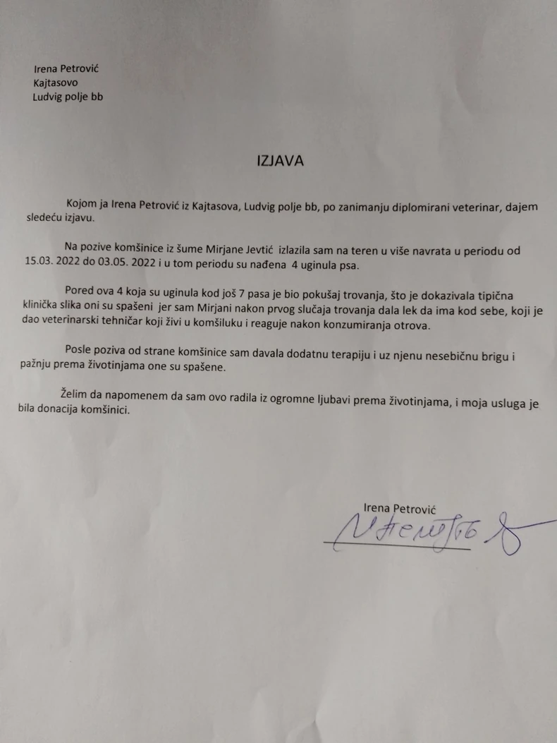 Potvrda veterinarke o trovanjima