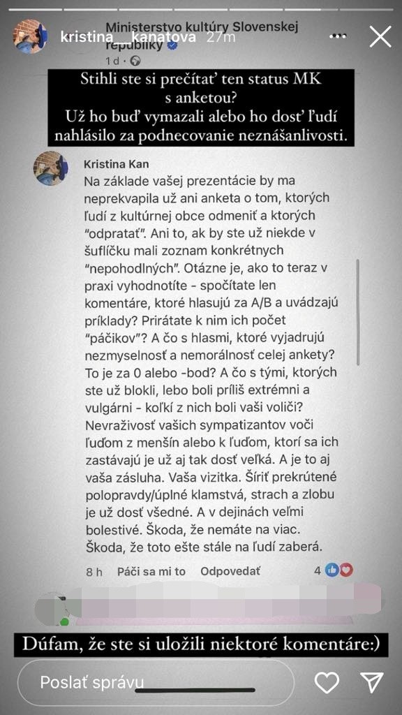 Kanátová sa nahlas vyjadruje k ministerke.