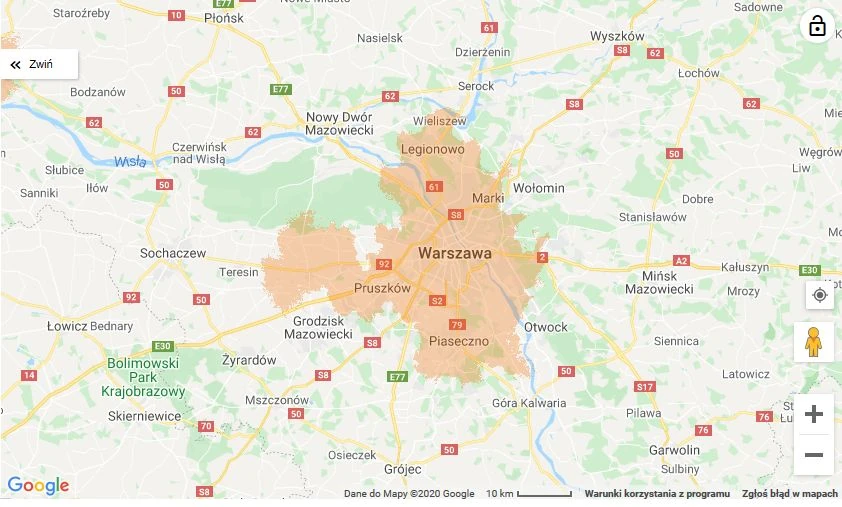 Mapa zasięgu 5G w Orange - Warszawa