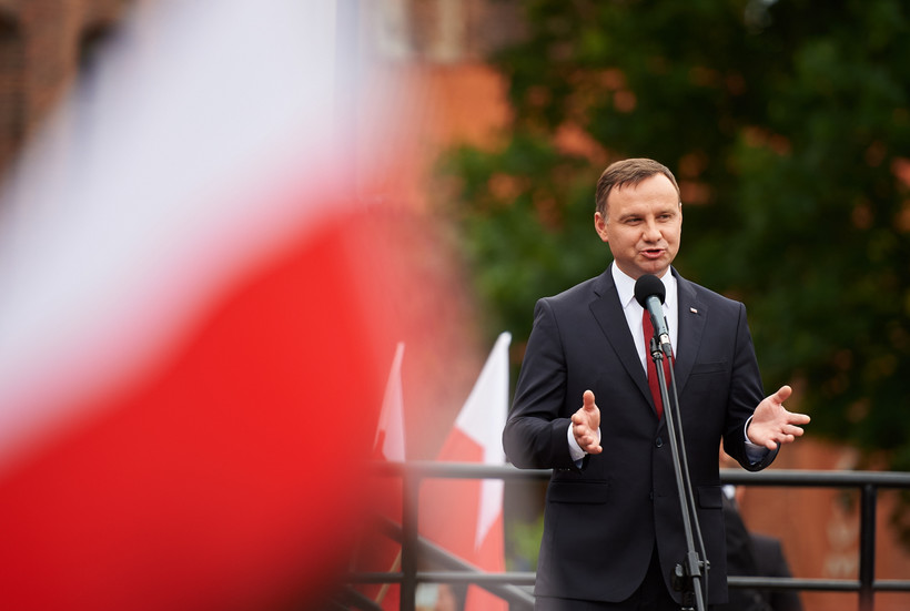 Prezydent Andrzej Duda przemawia, podczas spotkania z mieszkańcami Kwidzyna.