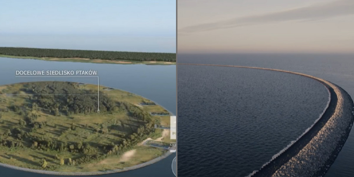 Po lewej wizualizacja tego, jak wyspa ma ostatecznie wyglądać. Po prawej – grafika przedstawiająca otulinę.