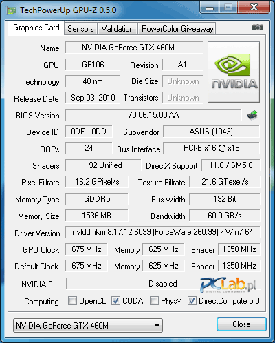 Karta graficzna z gatunku mocniejszych: NVIDIA GeForce GTX 460M 1,5 GB