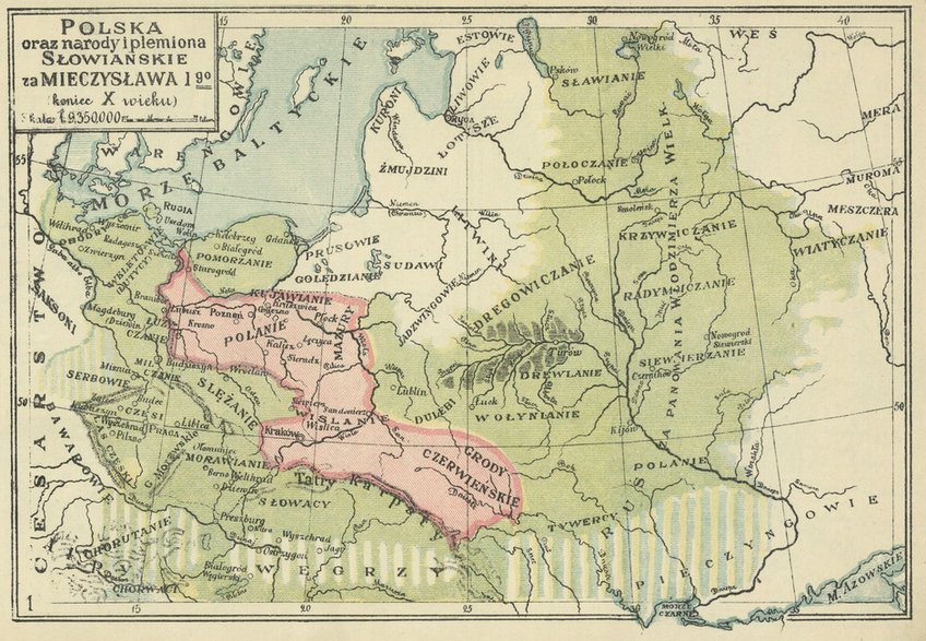 Mapa przedstawia rozmieszczenie plemion słowiańskich na podstawie wiedzy historyków okresu polski międzywojennej, Atlas historyczny Polski, J. M. Bazewicz, 1923 r.