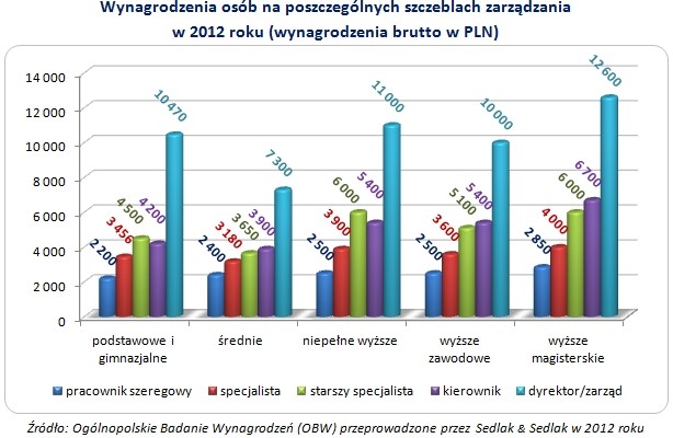 Wynagrodzenia osób na poszczególnych szczeblach zarządzania  w 2012 roku