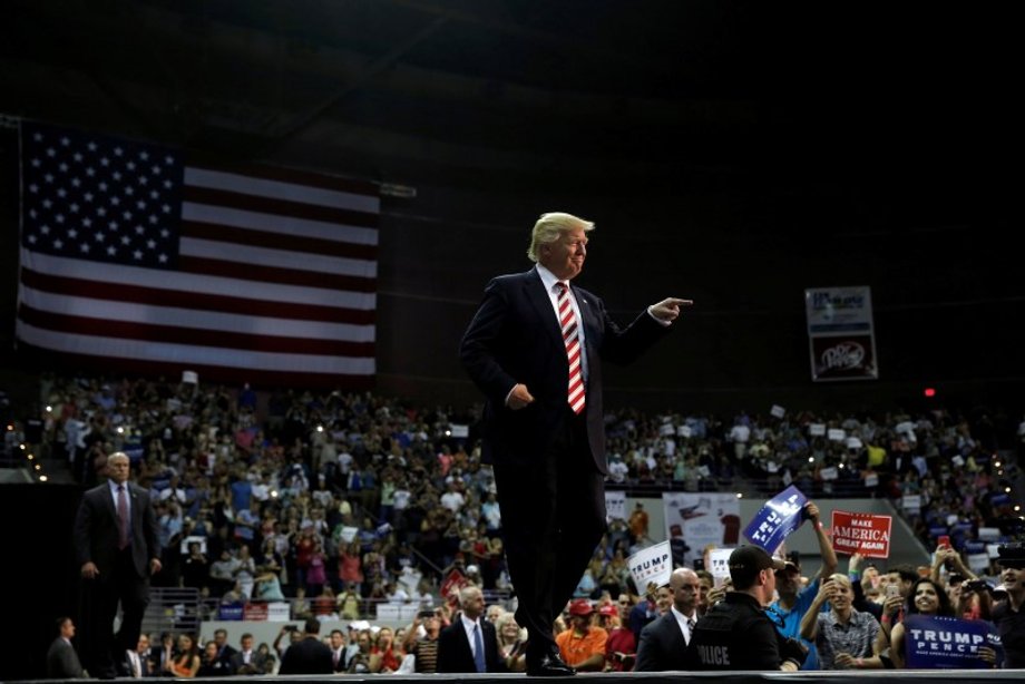 Trump walking to the stage at a campaign rally in Pensacola, Florida, on September 9.