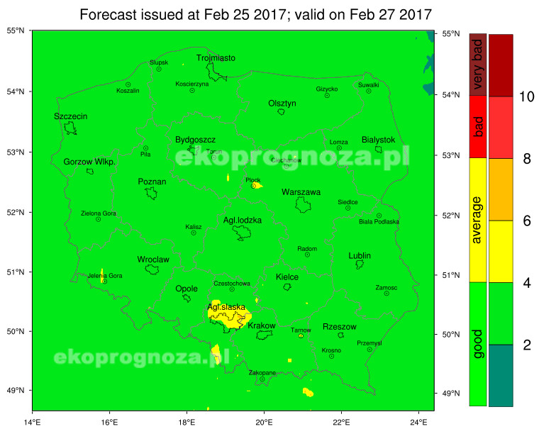 Prognoza jakości powietrza na poniedziałek 27 lutego 2017 serwisu ekoprognoza.pl