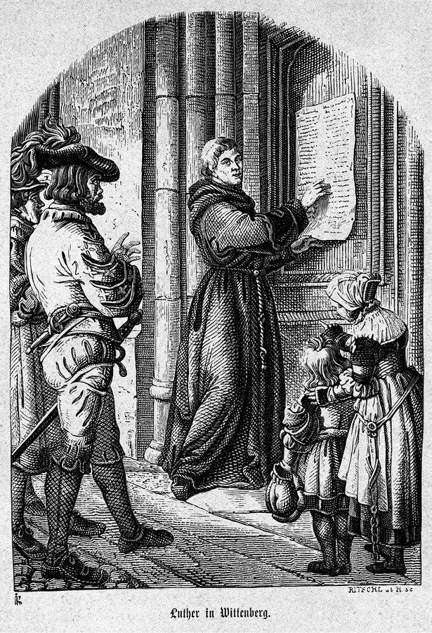 Drzeworyt przedstawiający przybicie przez Marcina Lutra swoich tez do drzwi kościoła w Wittenberdze