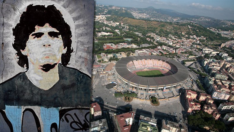 Diego Maradona na muralu (fot. ALEJANDRO PAGNI / AFP) / Stadio San Paolo napoli (fot. freevideophotoagency / shutterstock)