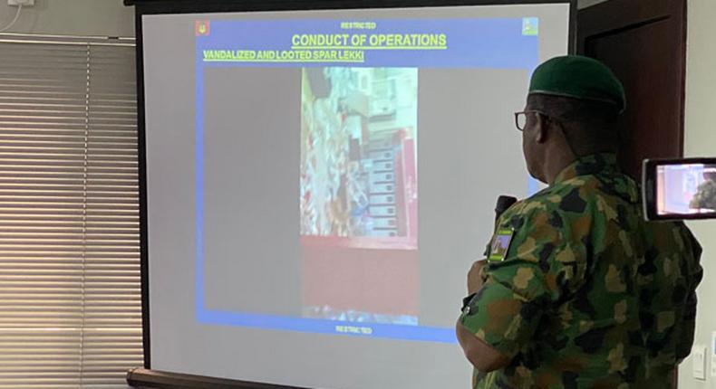Commander of 81 Military Intelligence Brigade, Victoria Island, Lagos, Brig. Gen. Ahmed Taiwo tells members of Lagos Judicial Panel about the role the army played in the Lekki shooting incident. (TheNation)