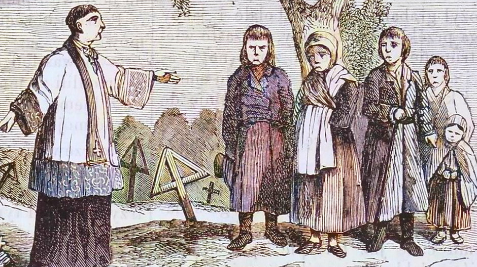 Polscy chłopi przed księdzem, rysunek z XIX w.