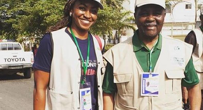 Gen. Gowon with cheers as he visits polling units in Abuja