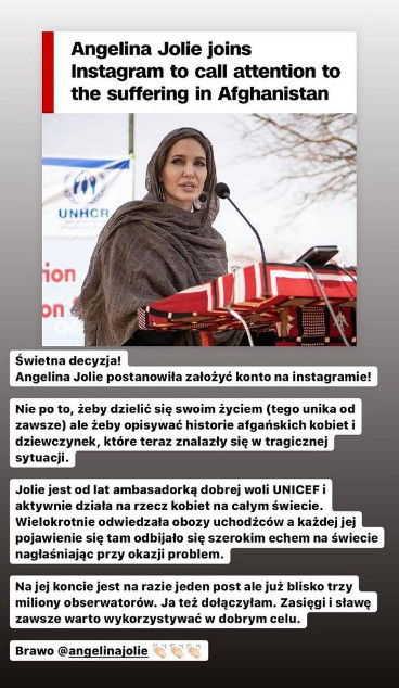 Kinga Rusin z entuzjazmem odniosła się do decyzji Angeliny Jolie o założeniu konta na Instagramie w celu oddania głosu kobietom i dziewczynkom z opanowanego przez talibów Afganistanu