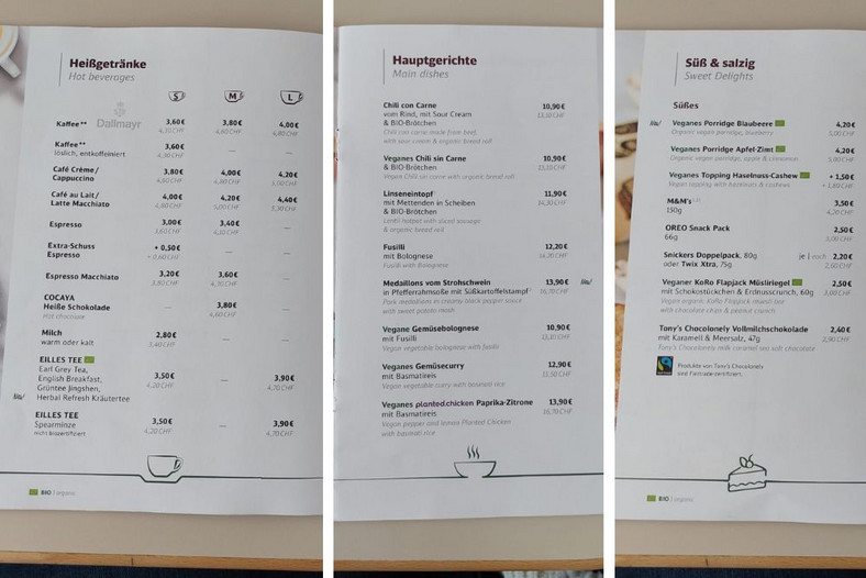 Menu w wagonie restauracyjnym DB