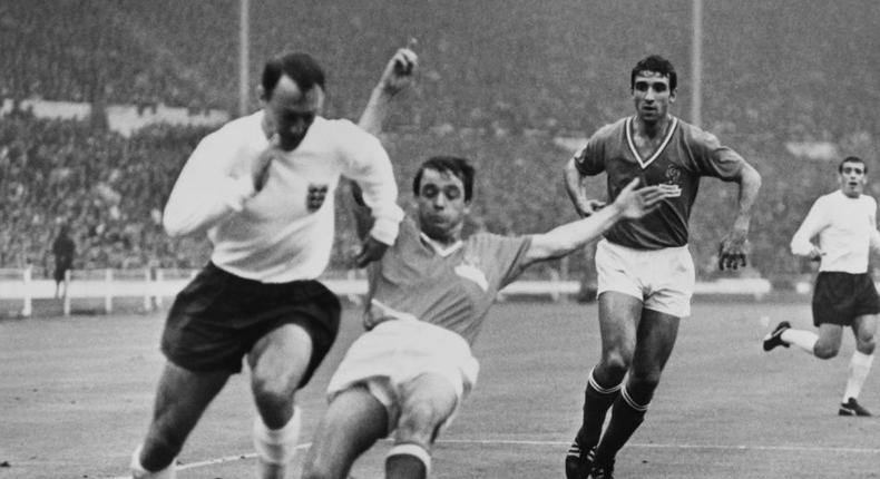 Former England striker Jimmy Greaves, seen here playing against France in the 1966 World Cup, has died aged 81 Creator: STRINGER