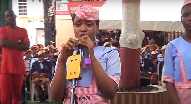 One of the students of Regina Pacis Secondary School, Onitsha in Anambra State behind the Smart Sticks for the blind. [ChannelsTV]