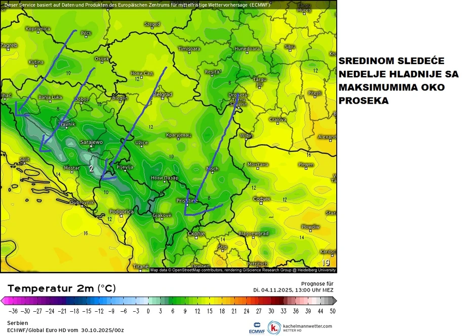 Sa natprosečnih maksimalnih temperatura padamo na prosečne jesenje