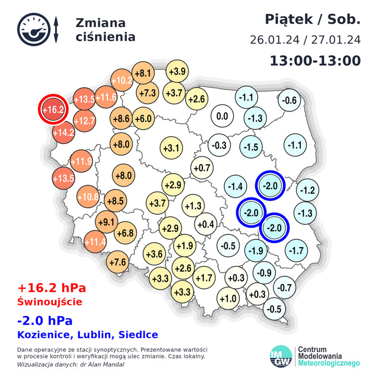 W ciągu ostatniej doby na zachodzie Polski ciśnienie wzrosło o ok. 10-15 hPa