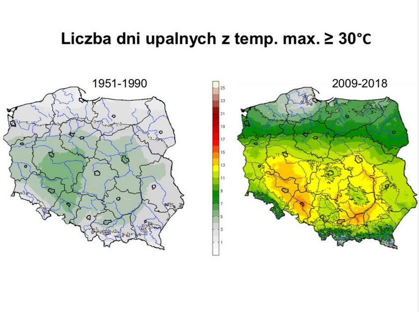 Liczba dni upalnych w Polsce, czyli takich, gdy temperatura jest wyższa od 30 stopni Celsjusza