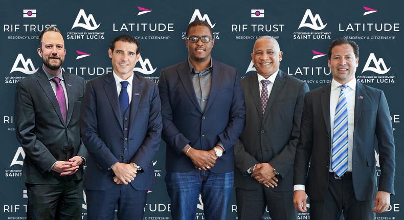 L - R: Jon Green, Director of Global Sales; David Regueiro, Group COO, RIF Trust and Latitude Group; Mc Claude Emmanuel, CEO of the Citizenship by Investment Unit; Hon. Dr Ernest Hilaire, Deputy Prime Minister of St Lucia; Mimoun Assraoui, CEO of RIF Trust and VC of Latitude Group.