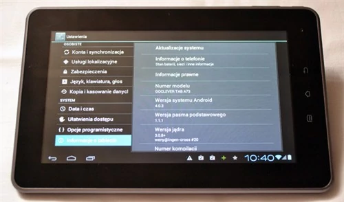 Kompilacja systemu udostępniona przez producenta to Android 4.0.3 Ice Cream Sandwich. Brawa dla GoClever za niezłe tempo