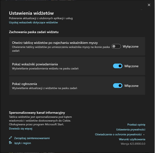 Ustawienia widżetów w Windows 11