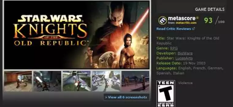 Star Wars: Knights of the Old Republic na Steamie