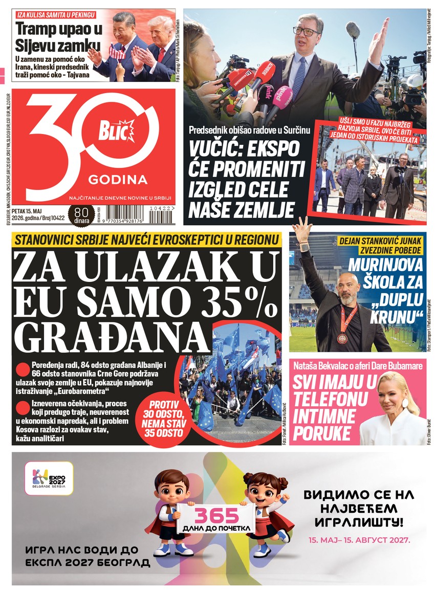 Blic naslovna strana za 15.5.