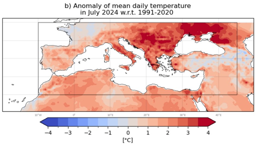 Odstupanje julskih temperatura u odnosu na prosek 1991-2020. Napomena da bi ova odstupanja bila još drastičnija u slučaju da se posmatra neka ranija normala, npr. za 1961-1990.