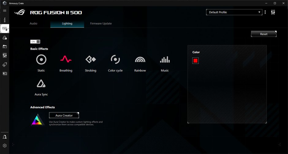 Pełny zestaw ustawień dotyczących jakości brzmienia, mikrofonu i podświetlenia Aura znajdziemy w aplikacji Asus Armoury Crate