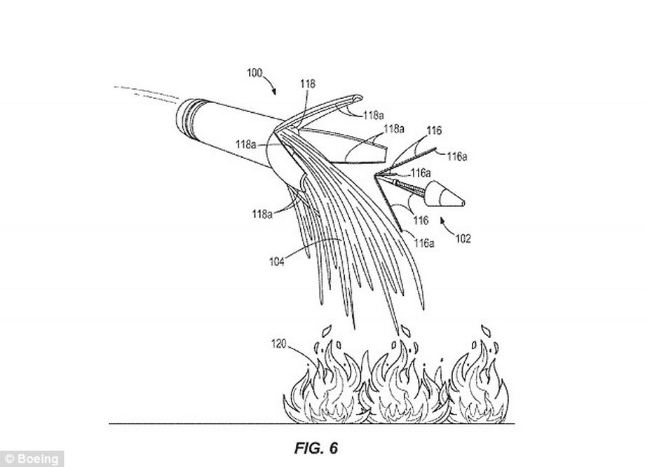 Schemat działania pocisku gaszącego pożaru z patentu Boeinga
