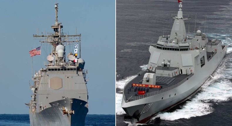 The US's Ticonderoga-class guided missile cruiser, at left, is now rivaled, if not topped, by China's Type 055 Renhai cruiser.Lt.j.g Samuel Hardgrove/US Navy and Sun Zifa/China News Service via Getty Images