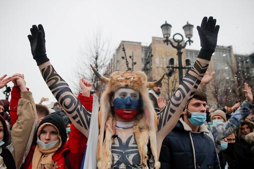 Rosjanie podczas marszu poparcia dla Aleksieja Nawalnego, Moskwa 23 stycznia 2021 r.