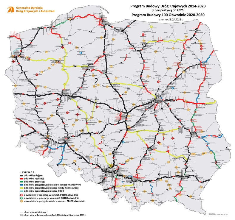 Mapa — realizacja Programu Budowy Dróg Krajowych i Programu Budowy 100 Obwodnic
