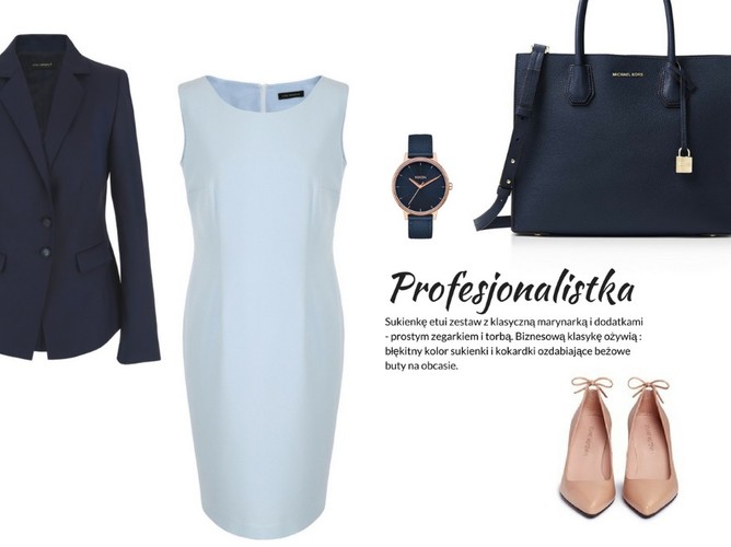 Sukienki do pracy na lato: Żakiet – VITO VERGELIS, Sukienka – VITO VERGELIS, Zegarek – NIXON, Torba – Michael Kors, Buty – Stuart Weitzman