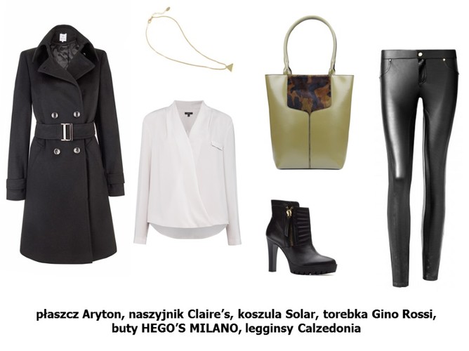 Płaszcz Aryton: 1 499 pln Naszyjnik Claire’s: 24,9 pln Koszula Solar: 299 pln Torebka Gino Rossi: 699,9 pln Buty HEGO’S MILANO: 499 pln Legginsy Calzedonia: 114,9 pln