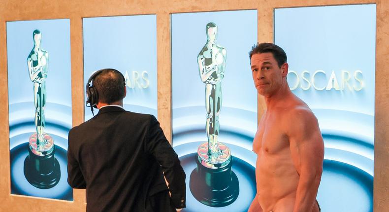 John Cena backstage at the 2024 Oscars. The show's producers had him covered up in a way that made him look like a Ken doll.Robert Gauthier/Los Angeles Times via Getty Images